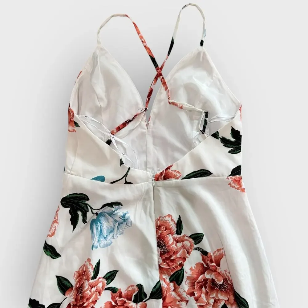 Lulus Floral Midi Dress Medium White Plunge Neck Crisscross Back Romantic Summer